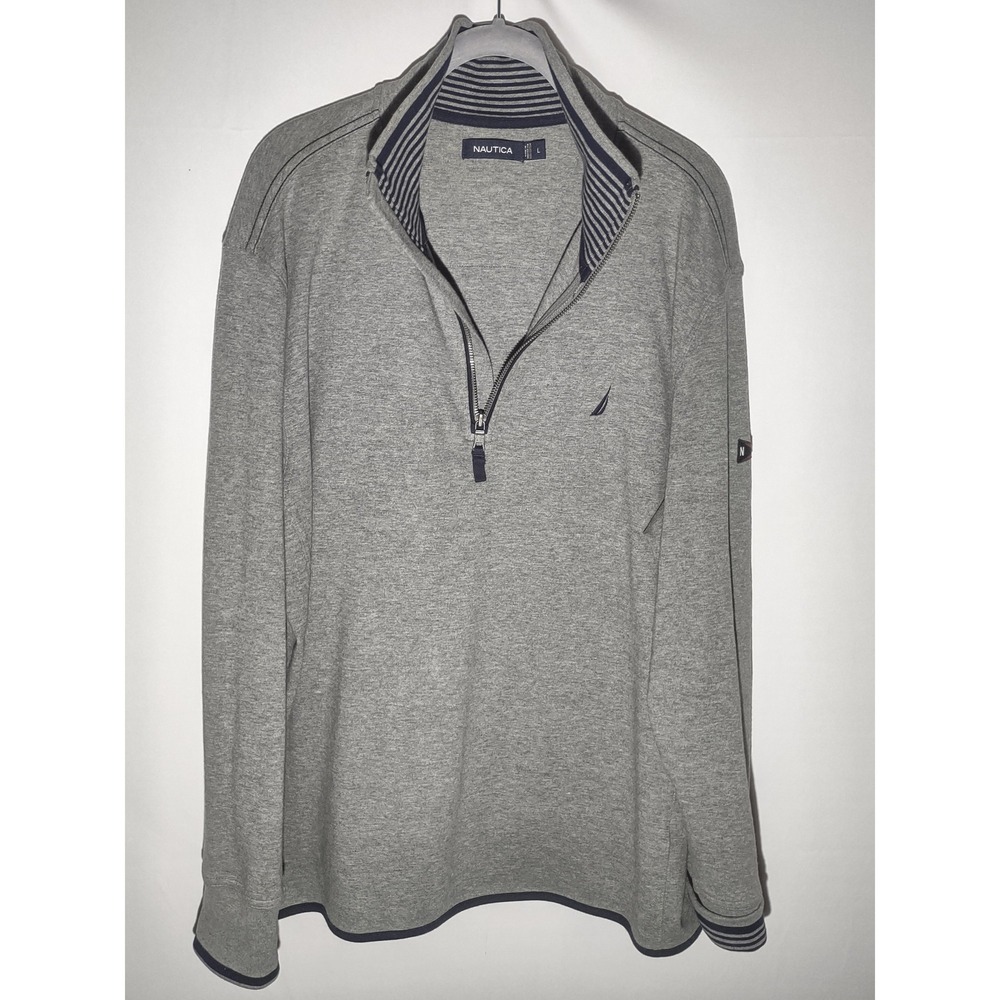 Nautica Mens Quarter Zip Pullover Sweater Gray Cotton Mock Neck Large Trimmed